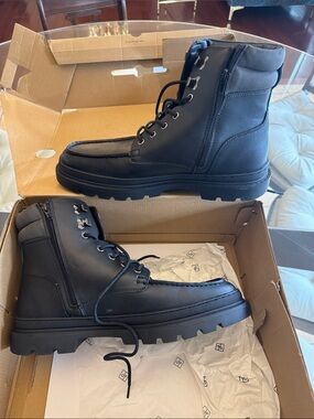 Call It Spring Black Lace-Up Side-Zip Moc-Toe Work Boots
